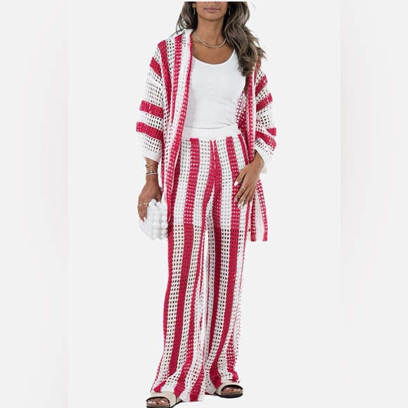 Pants - Pink and White Top andWide Leg Pants Crochet Set Tailored